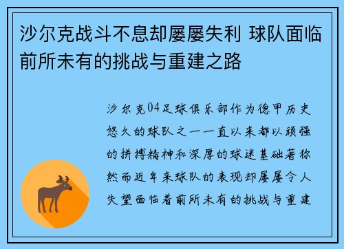 沙尔克战斗不息却屡屡失利 球队面临前所未有的挑战与重建之路