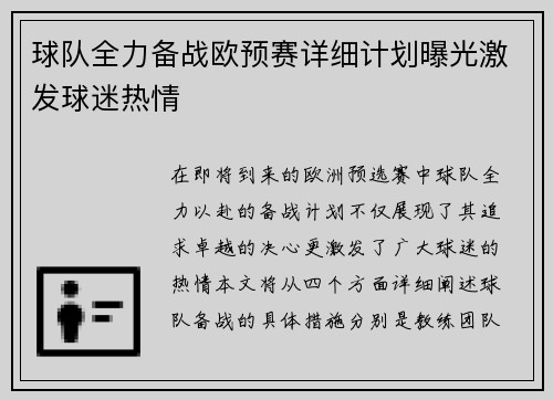 球队全力备战欧预赛详细计划曝光激发球迷热情