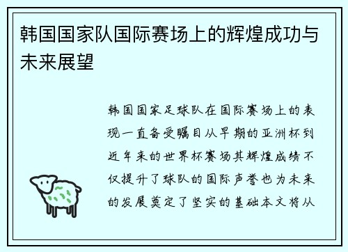 韩国国家队国际赛场上的辉煌成功与未来展望