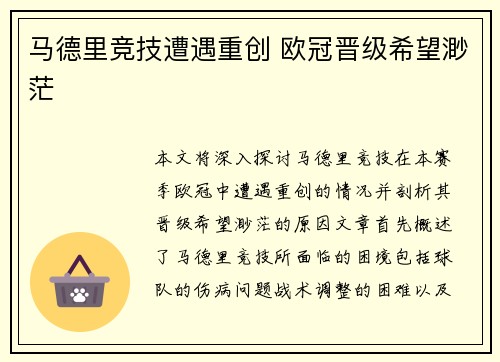 马德里竞技遭遇重创 欧冠晋级希望渺茫