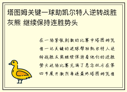 塔图姆关键一球助凯尔特人逆转战胜灰熊 继续保持连胜势头